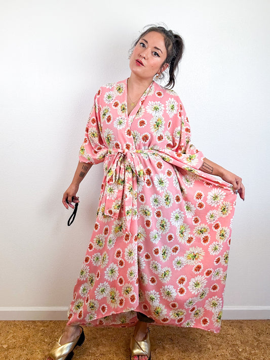 Print High Low Kimono Peach Daisy Georgette