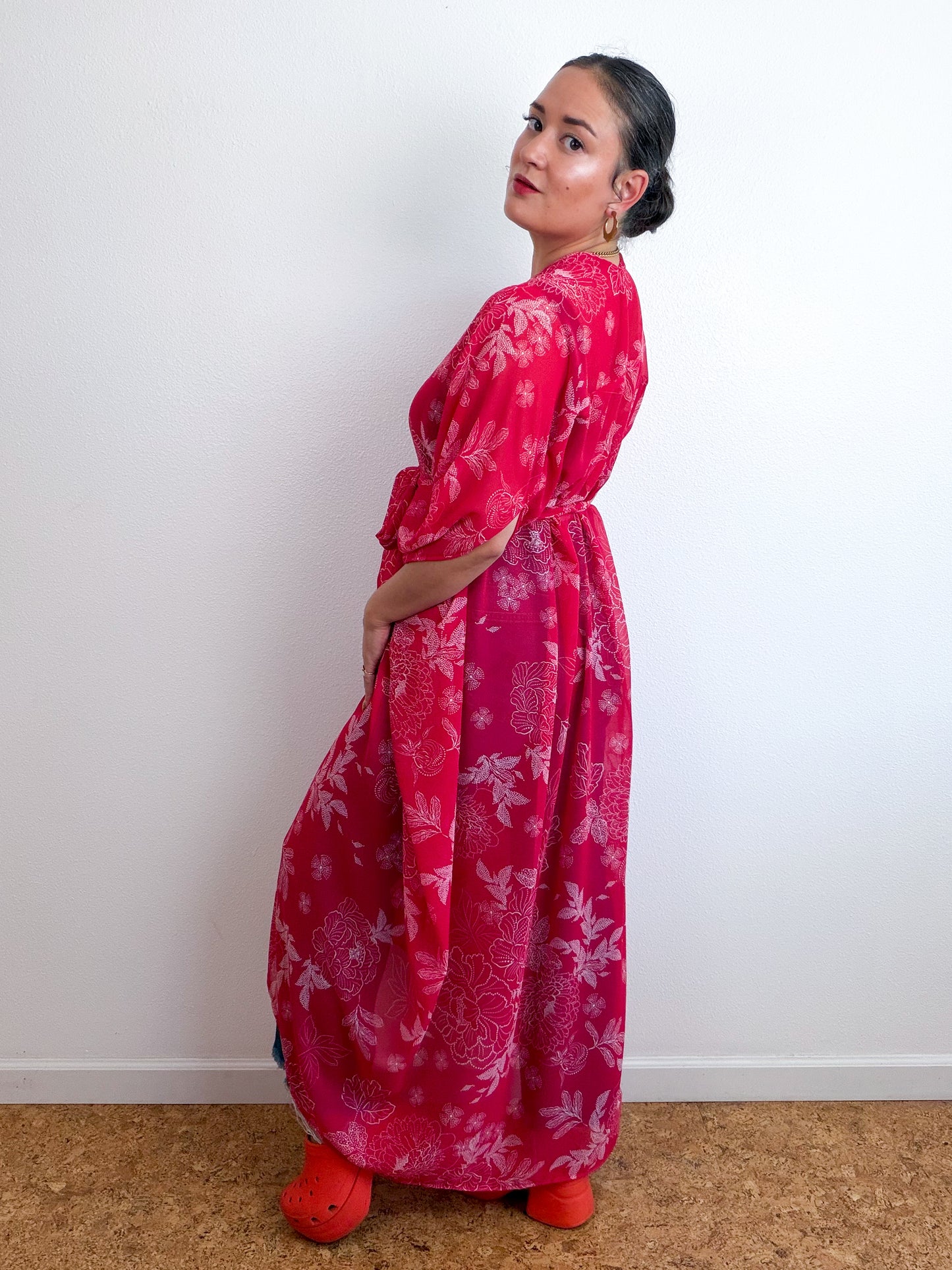 Print High Low Kimono Red Peony Chiffon