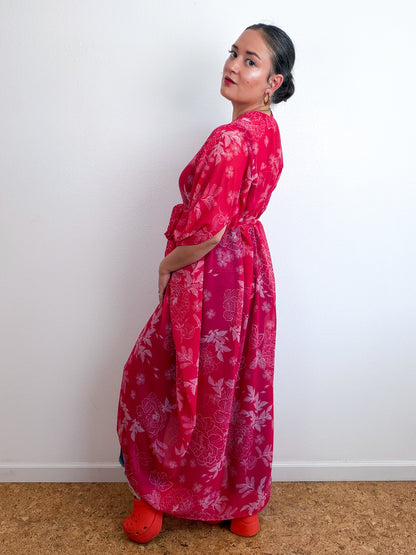 Print High Low Kimono Red Peony Chiffon