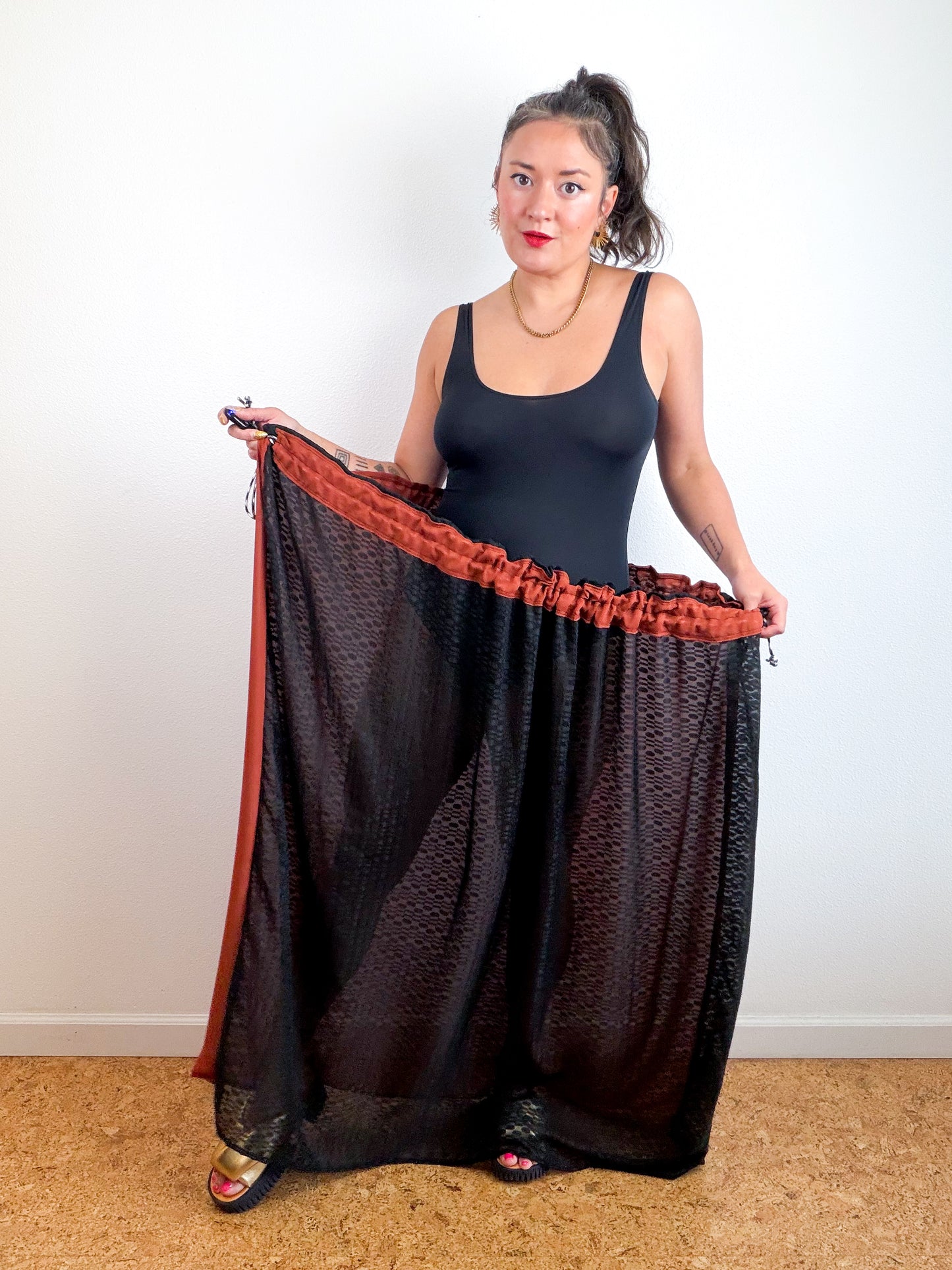 THE SKIRT Rust Black Dots Reversible Chiffon