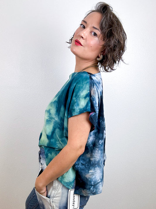 Hand-Dyed Flip Crop Rayon Black Tie Teal Lines