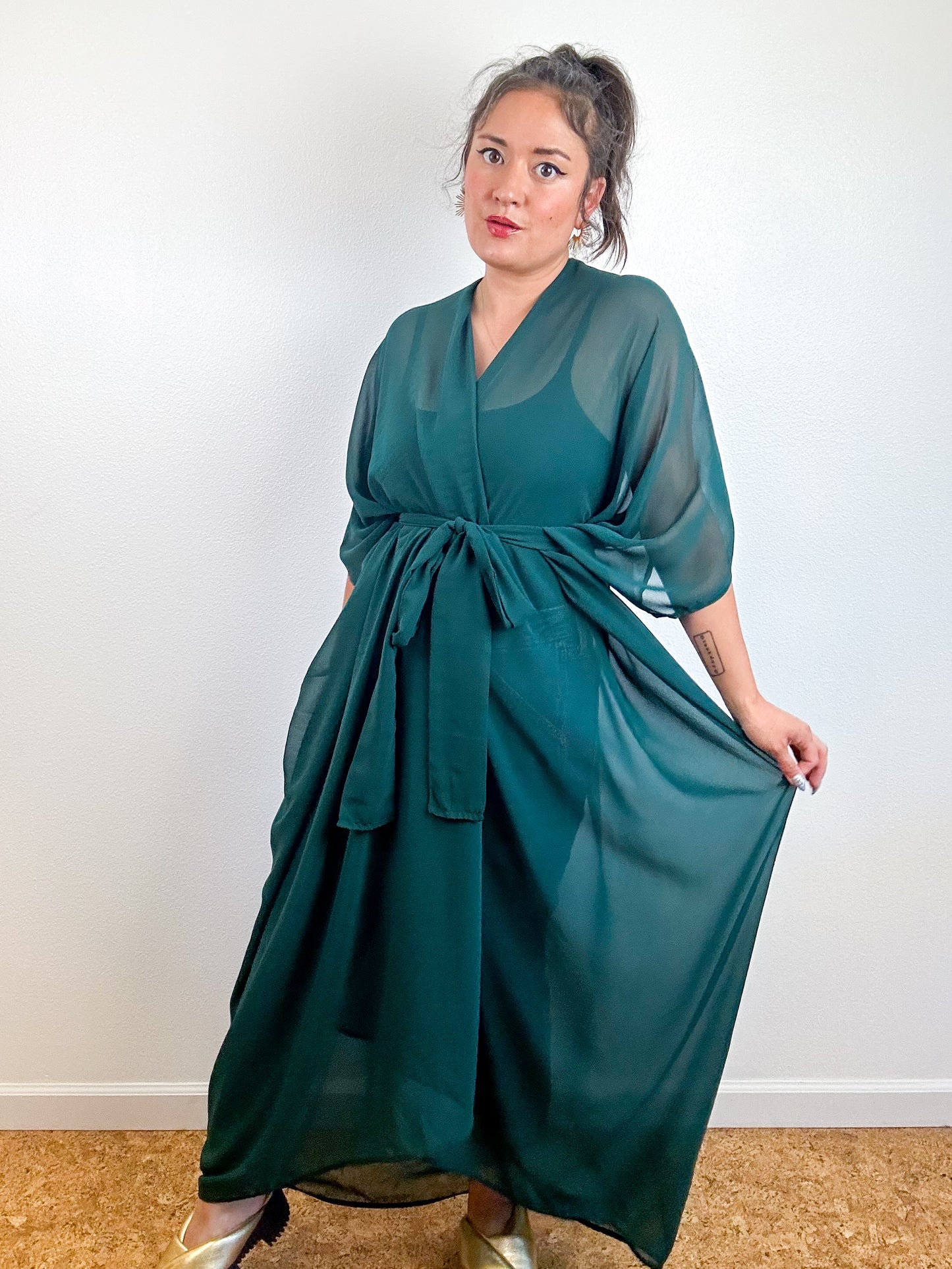 Solid High Low Kimono Hunter Green Chiffon