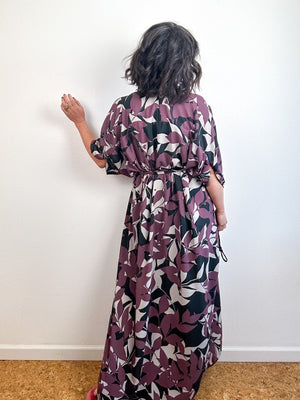 Print High Low Kimono Plum Leaves Georgette