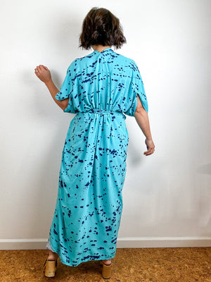 Hand-Dyed High Low Kimono Aqua Indigo Speckle