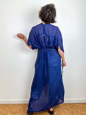 Solid High Low Kimono Navy Blue Gingham Chiffon