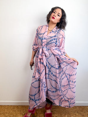 Print High Low Kimono Pink Blue Floral Chiffon