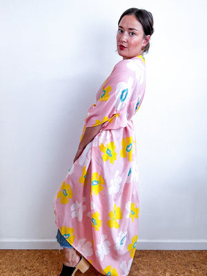 Print High Low Kimono Pink Yellow Flower Challis