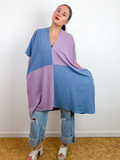 Linen Blend Caftan Dress Lavender Blue Color Block