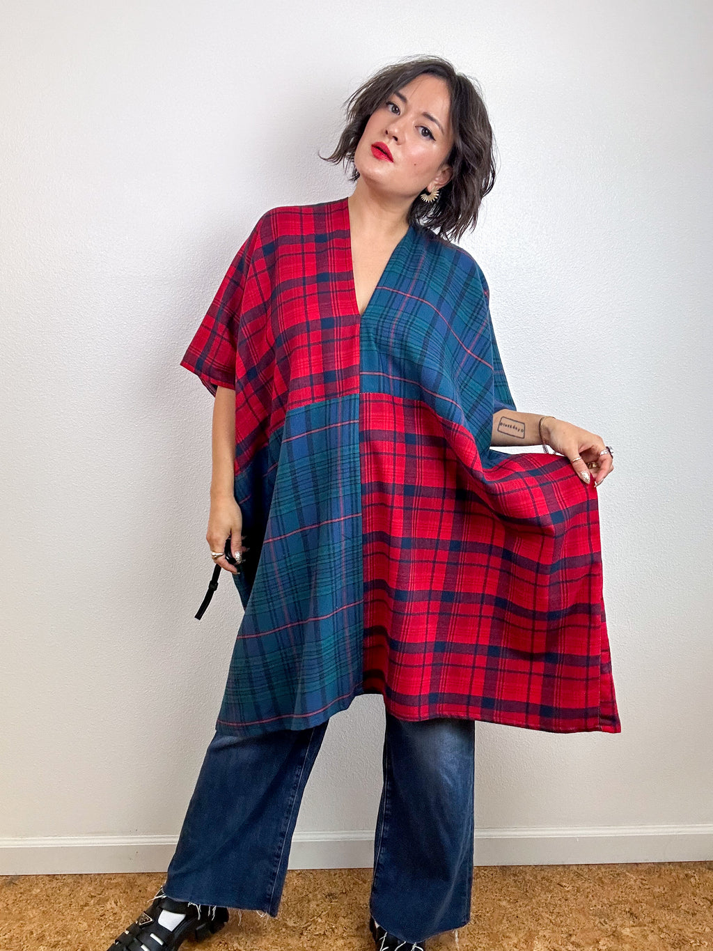 Oversized Patchwork Plaid Smock Dress Teal Red