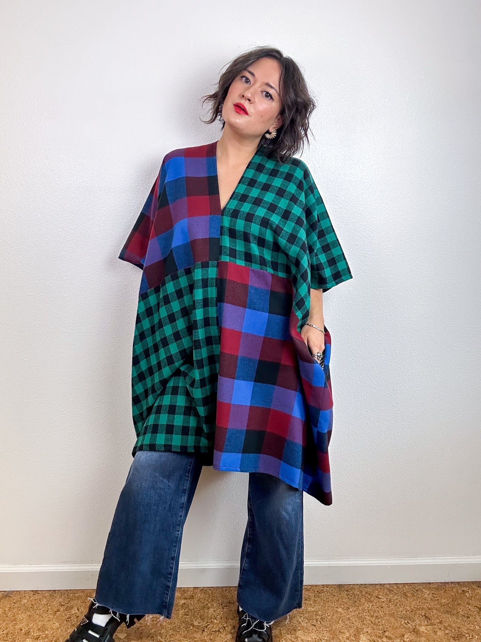 Oversized Patchwork Plaid Smock Dress Green Jewel