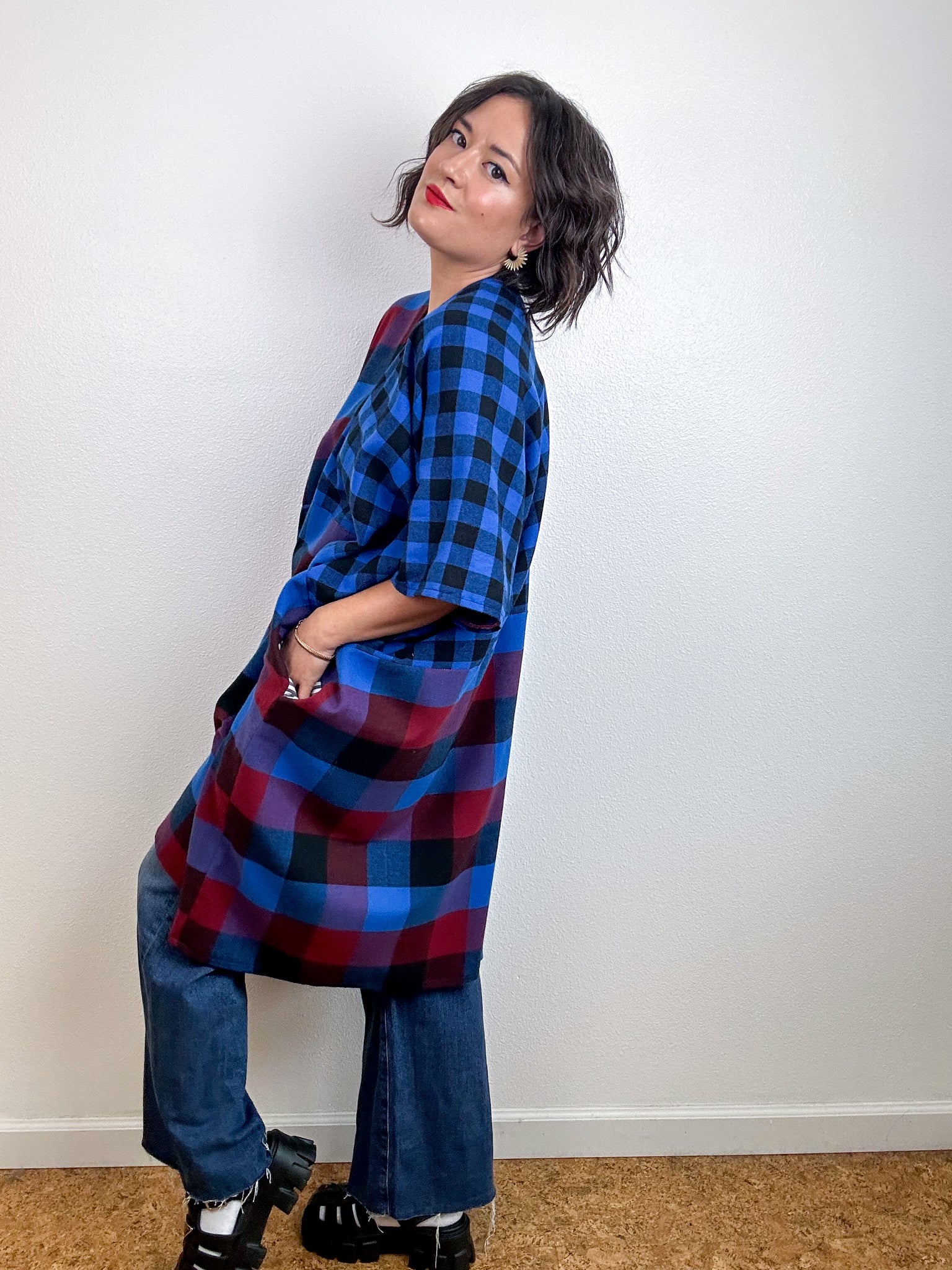 Oversized Patchwork Plaid Smock Dress Blue Jewel