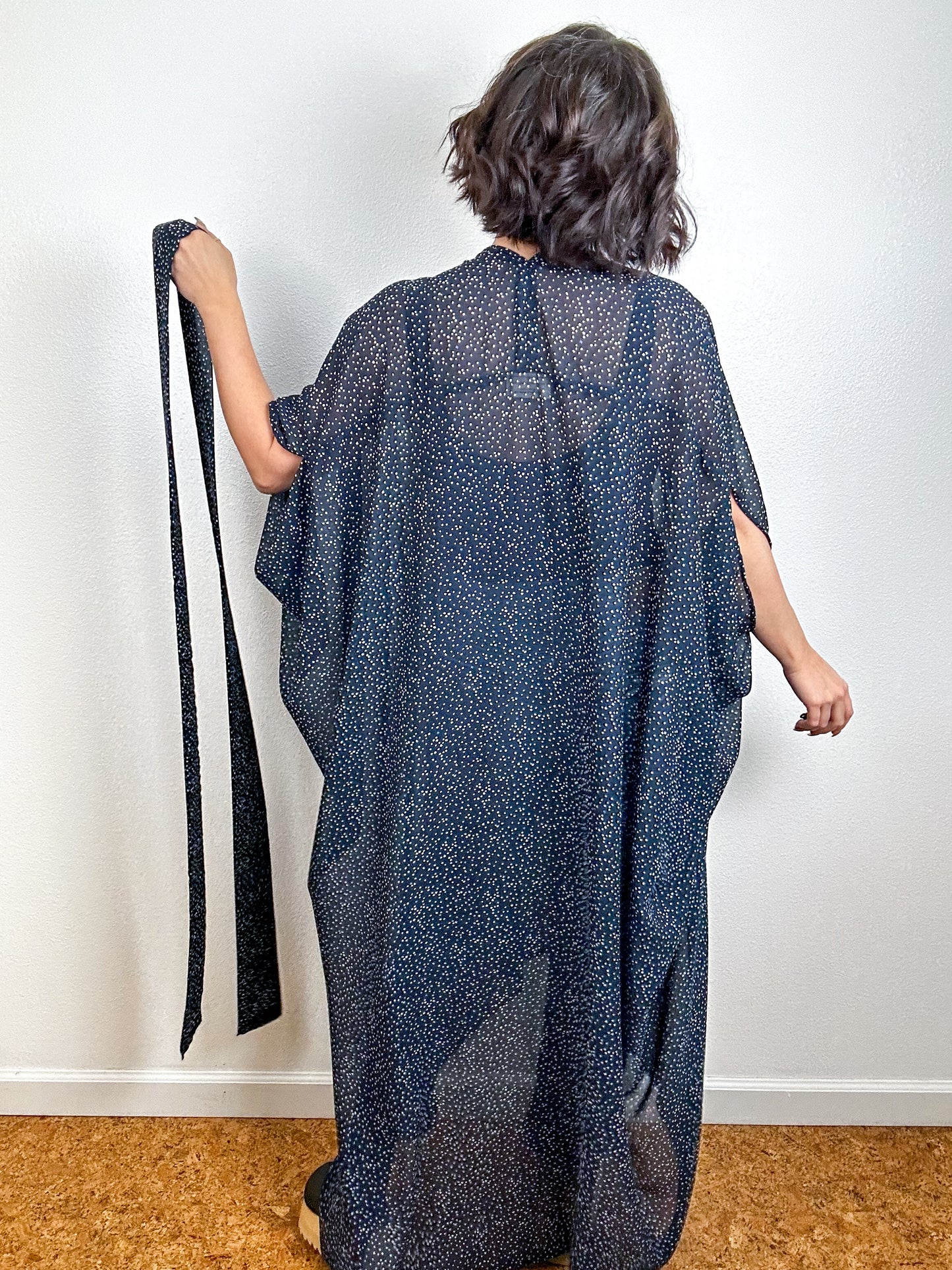 Print High Low Kimono Navy Confetti Chiffon