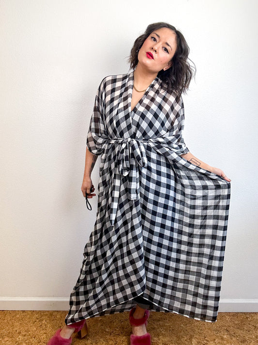 Print High Low Kimono Black Grey Check Chiffon