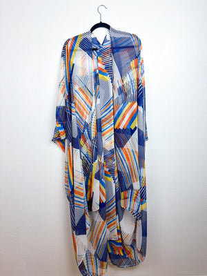 Print High Low Kimono Orange Geo Lines Chiffon