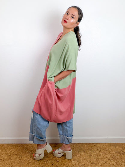 Linen Blend Caftan Dress Mauve Sage Color Block
