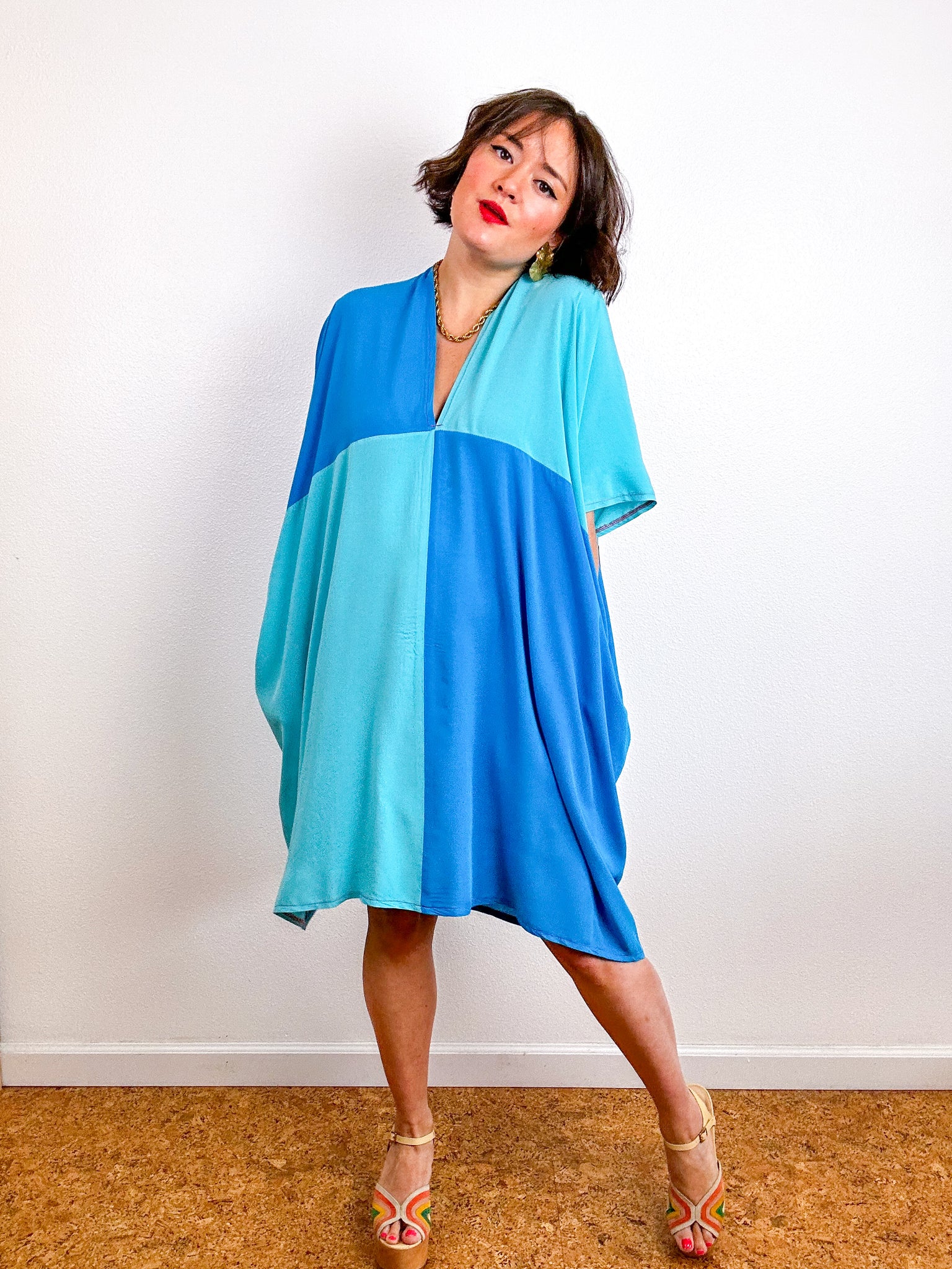 Color Block Mini Caftan Dress Turquoise Aqua