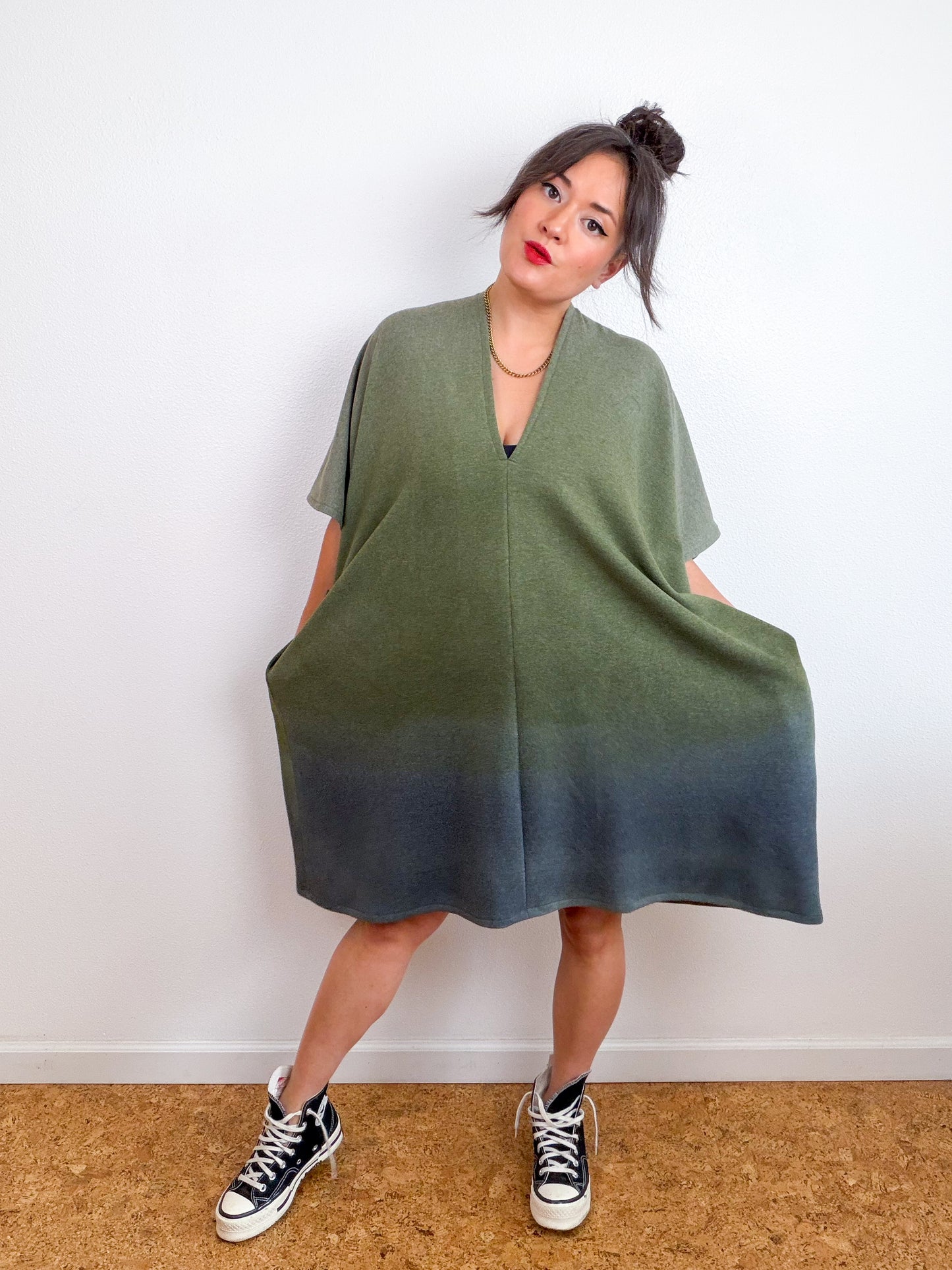 Hand-Dyed Sweatshirt Caftan Dress Olive Moss Charcoal Gradient