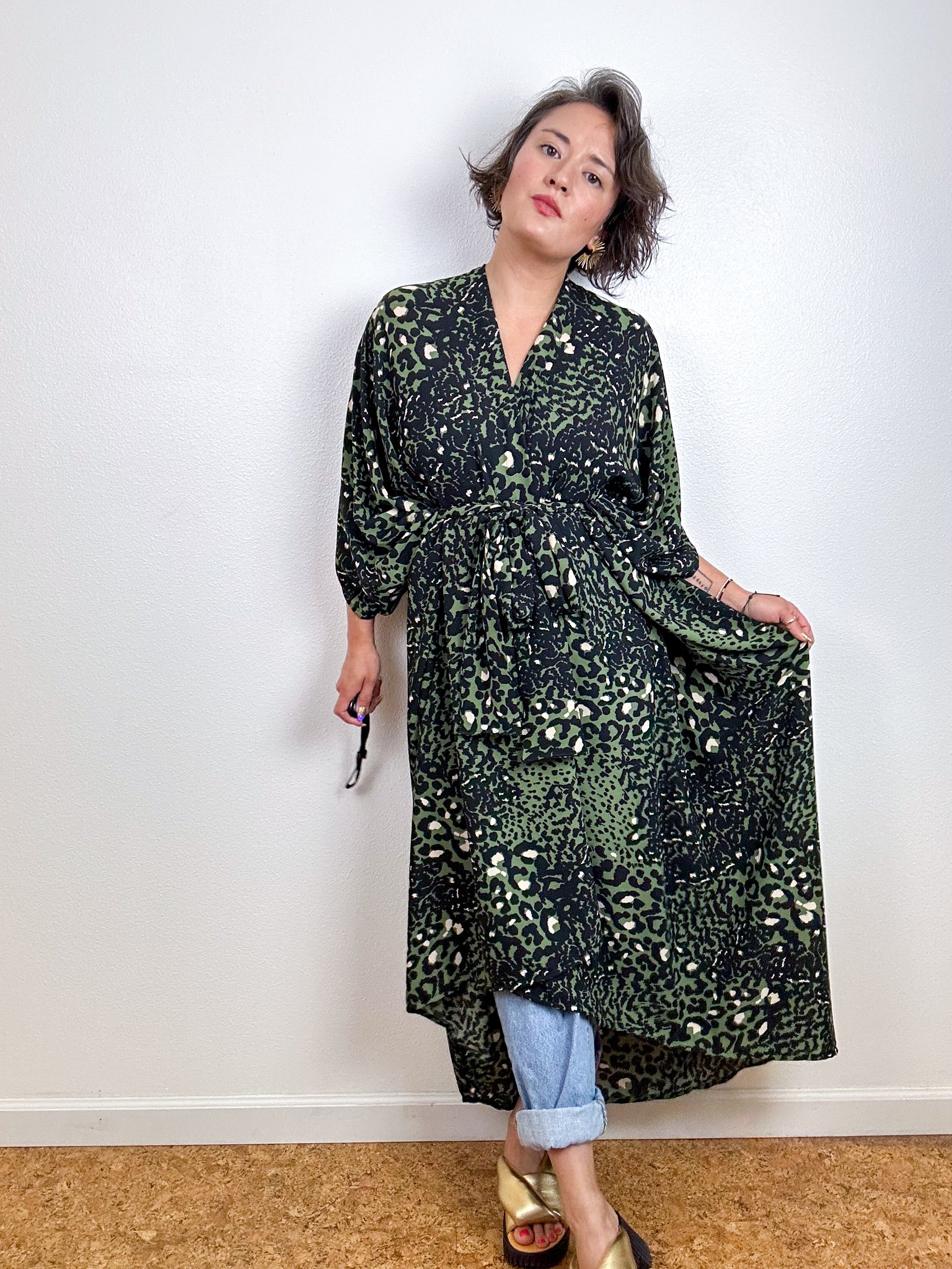 High Low Kimono Olive Leopard Bubble Crepe