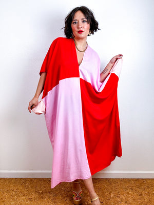 Color Block Midi Caftan Dress Scarlet Pink