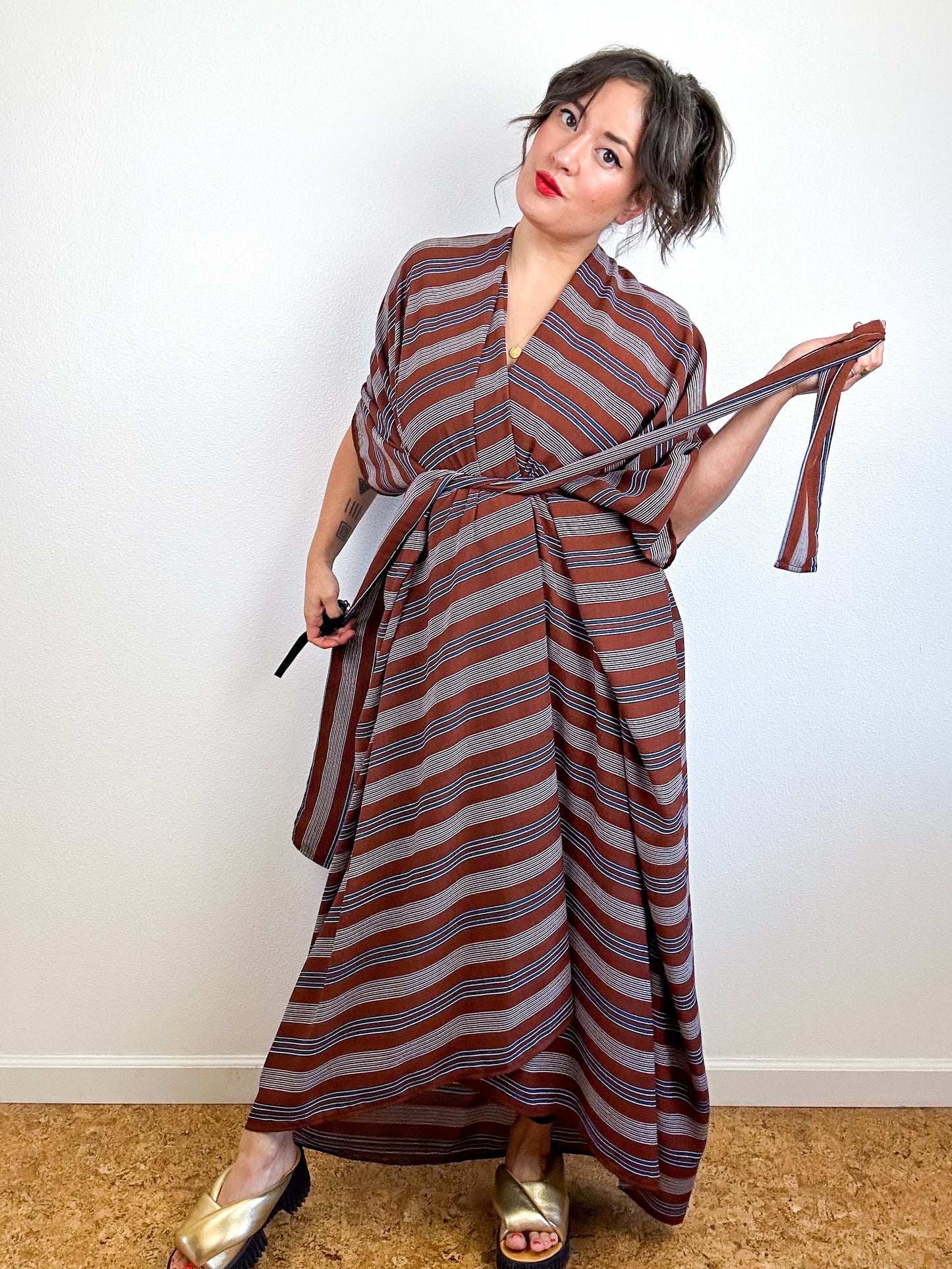 Print High Low Kimono Rust Stripes Georgette