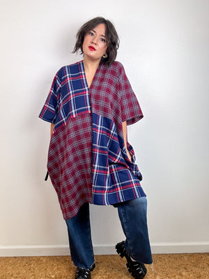 Oversized Patchwork Plaid Smock Dress Navy Maroon