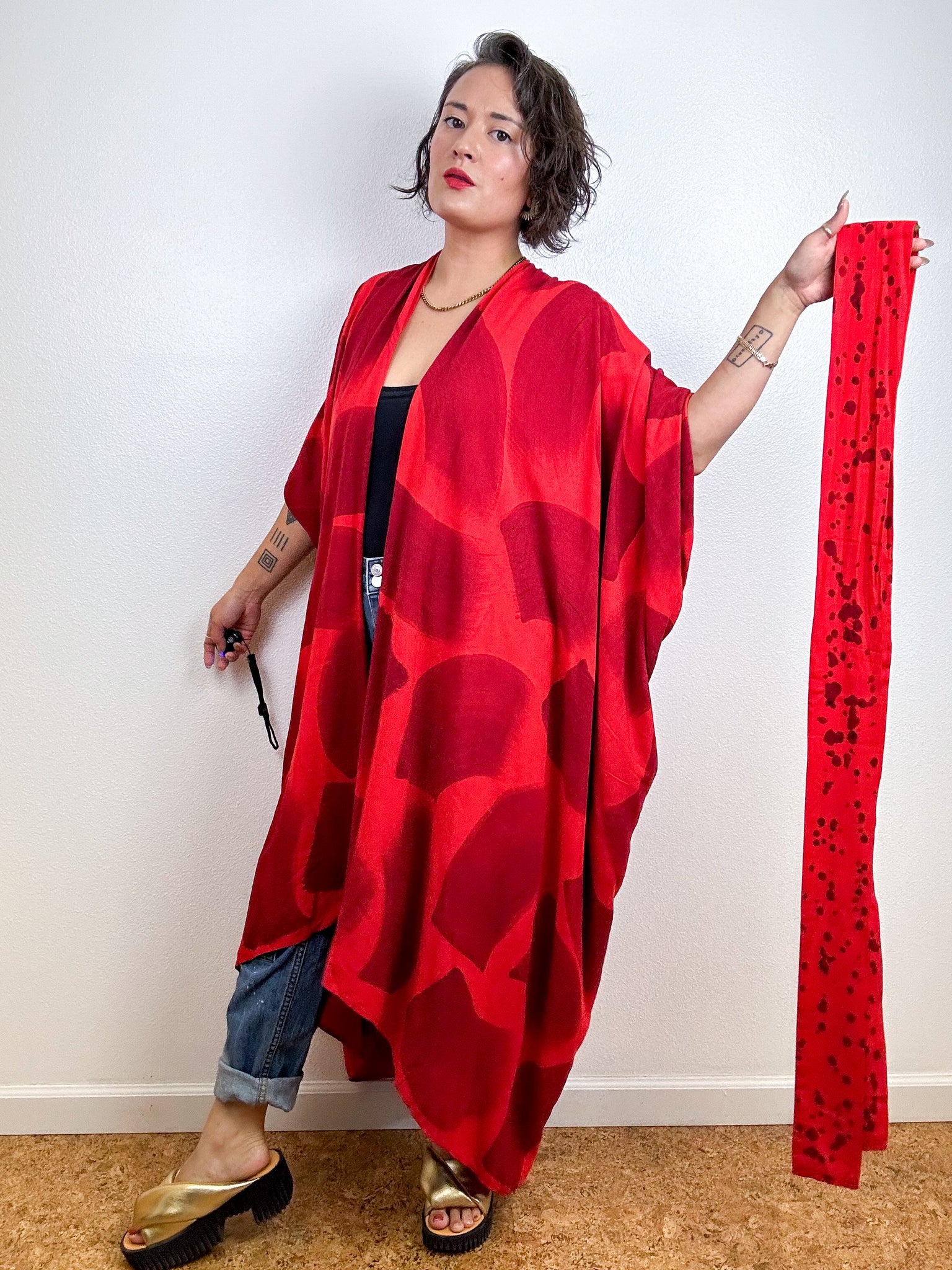 Hand-Dyed High Low Kimono Red Maroon Brush