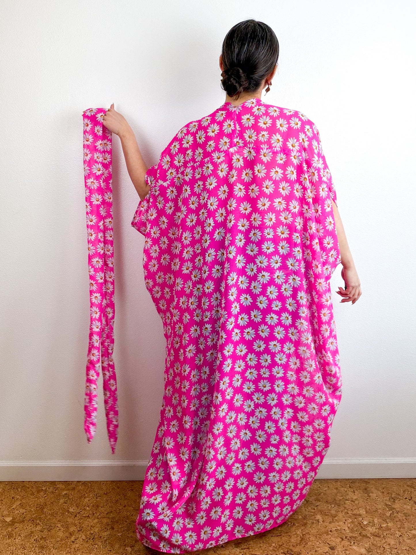 Print High Low Kimono Hot Pink Daisy Chiffon