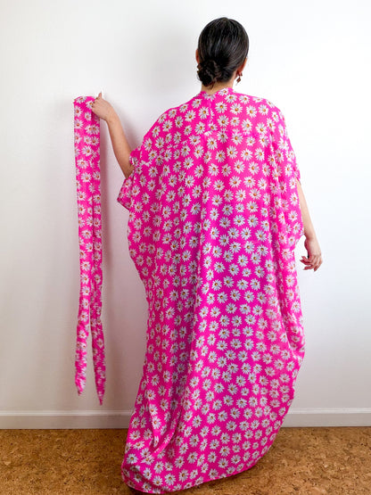 Print High Low Kimono Hot Pink Daisy Chiffon