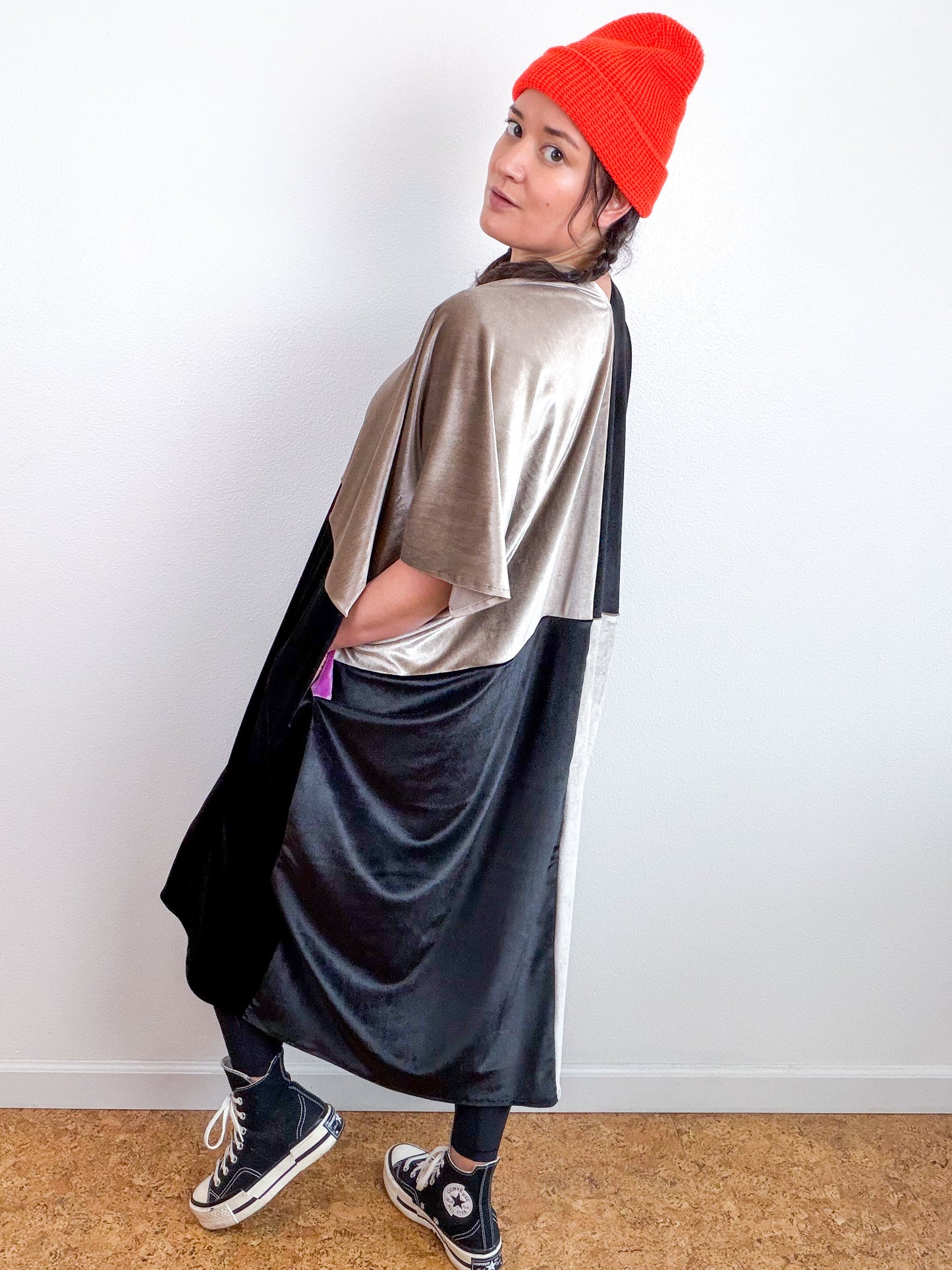 Velvet Caftan Dress Black Silver Color Block