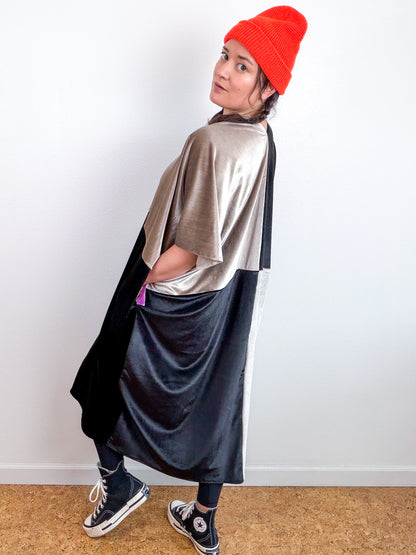 Velvet Caftan Dress Black Silver Color Block