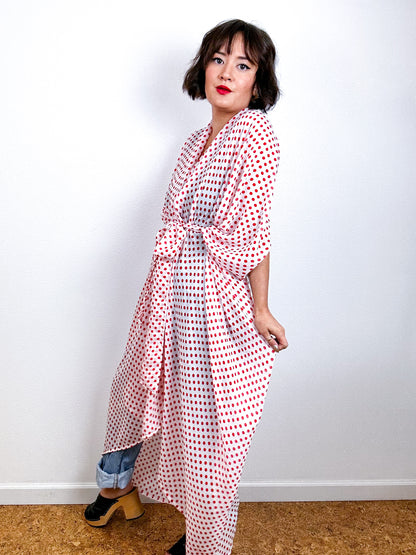 Print High Low Kimono Red Dots Chiffon