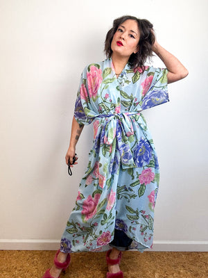 Print High Low Kimono Aqua Pink Floral Chiffon