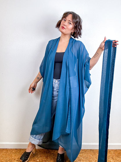 Solid High Low Kimono Teal Blue Swiss Dot Chiffon