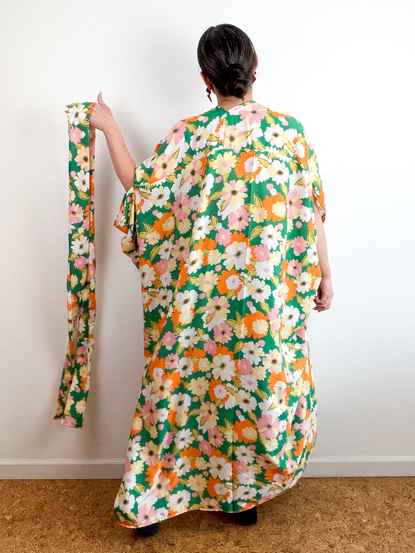 Print High Low Kimono Green Orange Floral Crinkle Challis