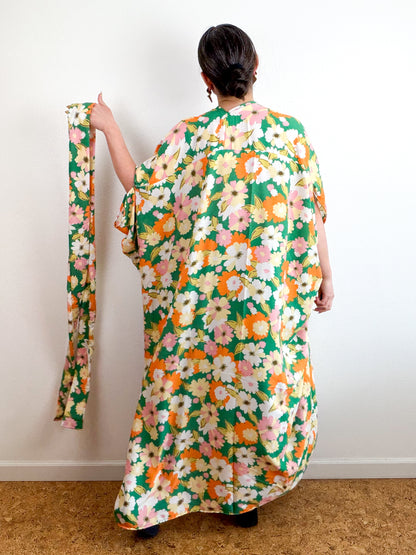 Print High Low Kimono Green Orange Floral Crinkle Challis