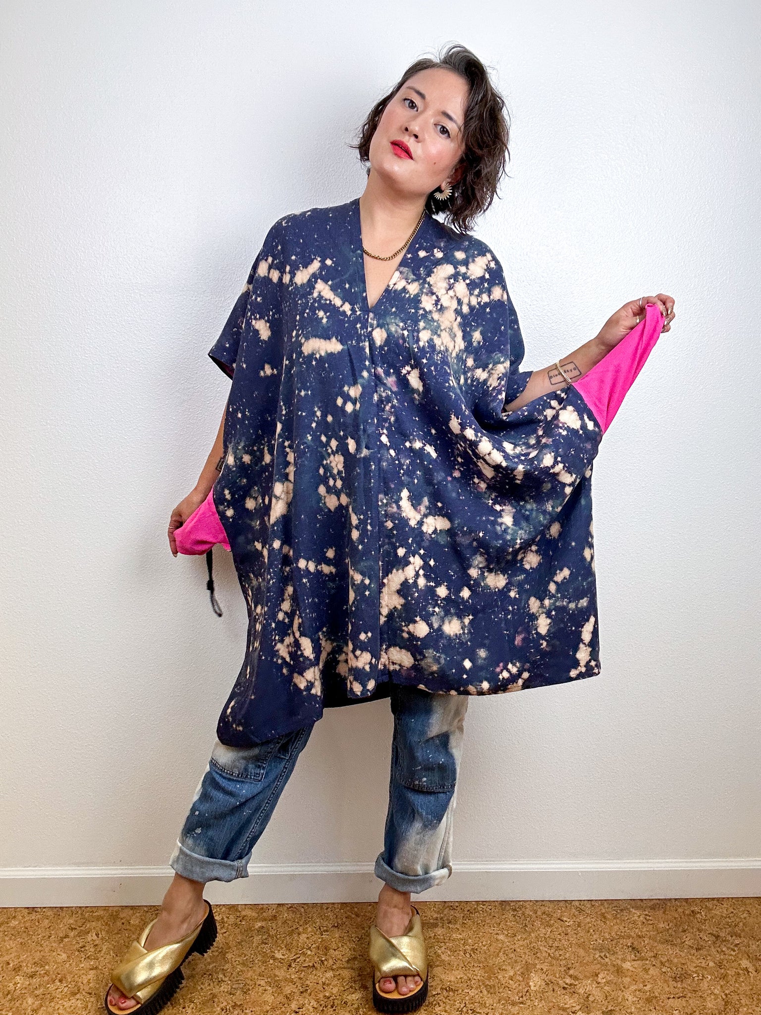 Oversized Hand-dyed Linen Blend Smock Dress Indigo Bleach Speckle