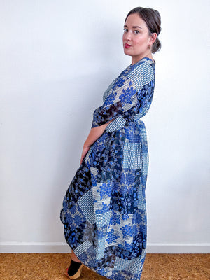 Print High Low Kimono Navy Patchwork Crinkle Chiffon