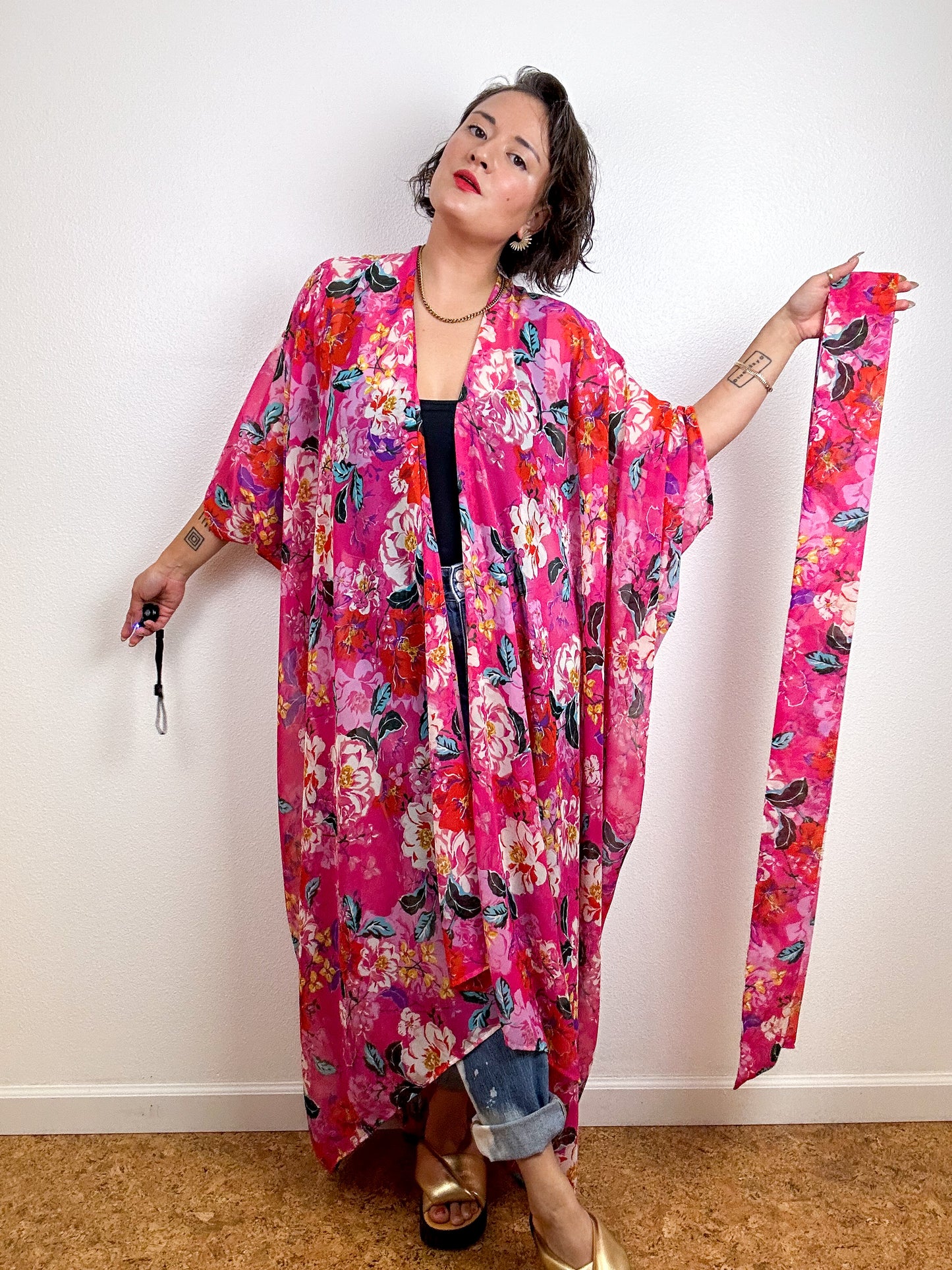 Print High Low Kimono Fuchsia Peony Chiffon