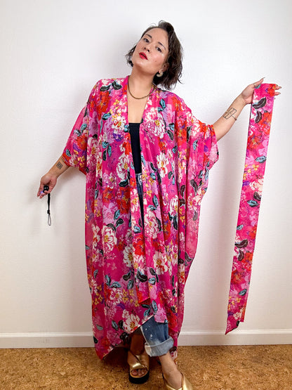 Print High Low Kimono Fuchsia Peony Chiffon
