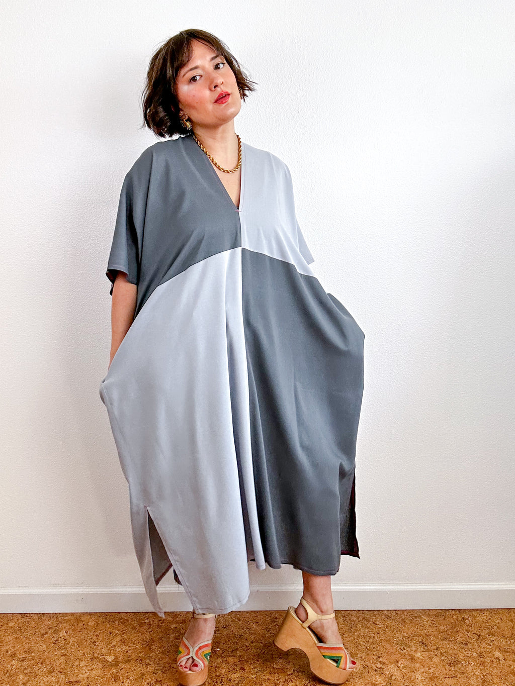 Color Block Midi Caftan Dress Grayscale