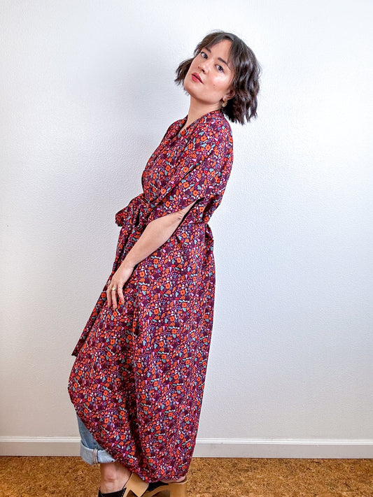 Print High Low Kimono Maroon Aqua Mini Floral Crepe de Chine
