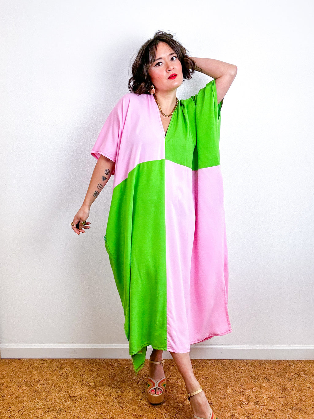 Color Block Midi Caftan Dress Lime Pink