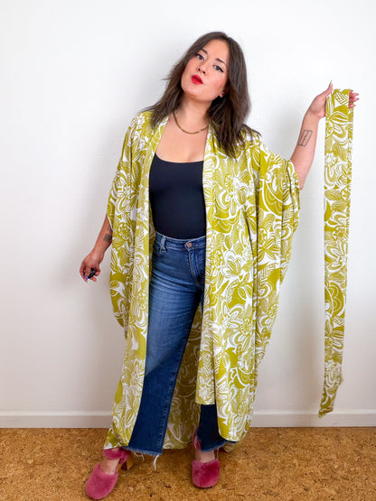 Print High Low Kimono Chartreuse Seventies Floral Bubble Crepe