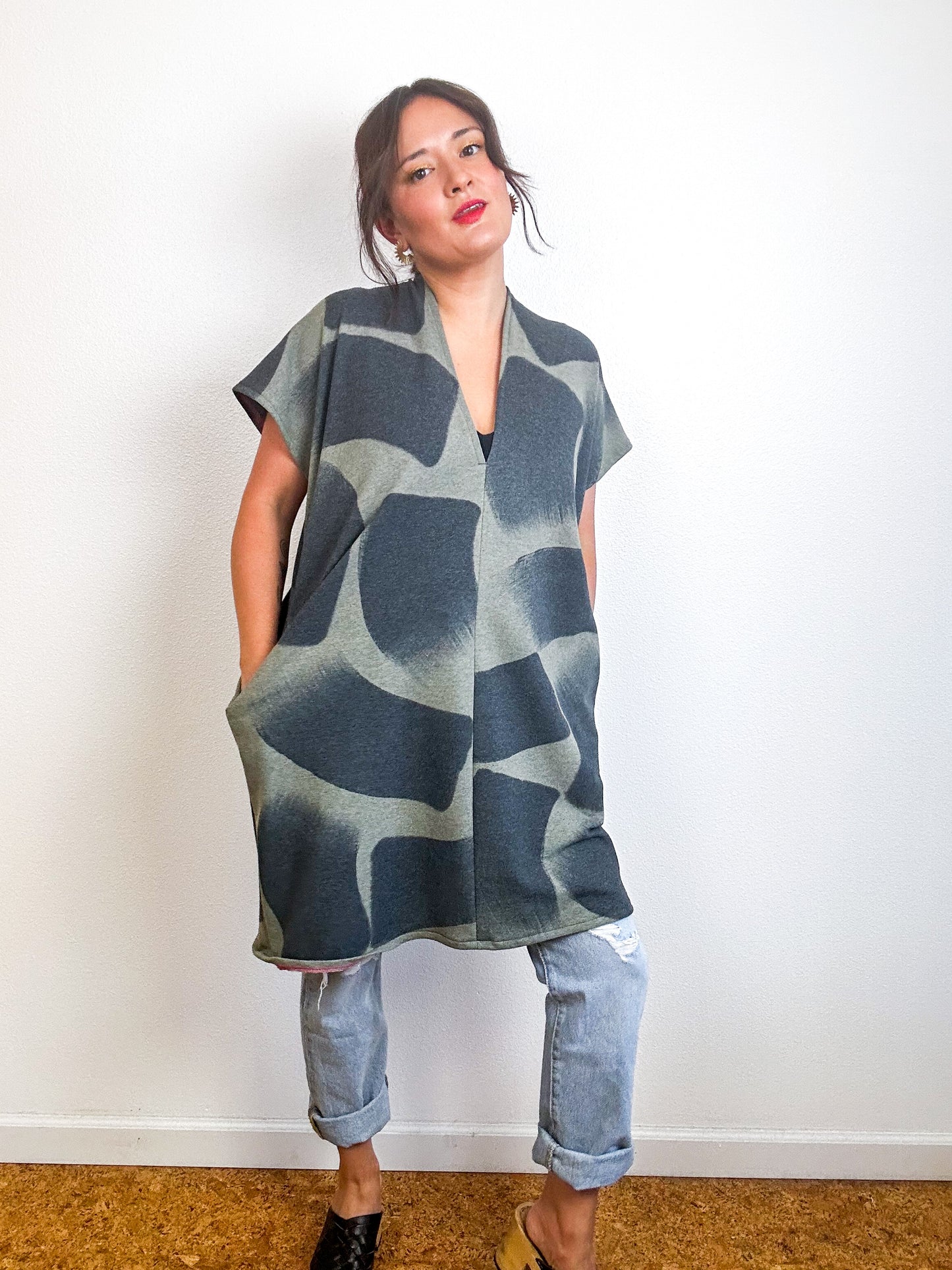 Hand-Dyed Mini Sweatshirt Smock Dress Sage Brushtroke