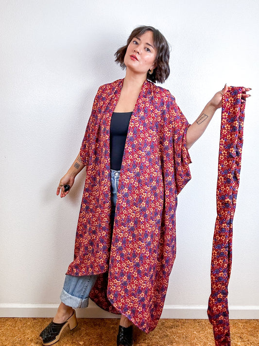 Print High Low Kimono Maroon Peach Mini Floral Crepe de Chine