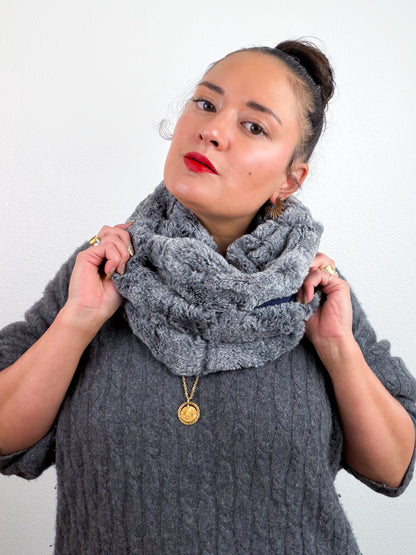 Faux Fur Circle Scarf Grey on Navy Stripes
