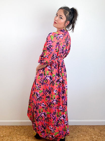 Print High Low Kimono Bright Coral Floral Challis