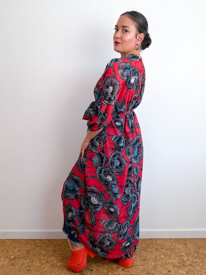 Print High Low Kimono Red Poppy Chiffon