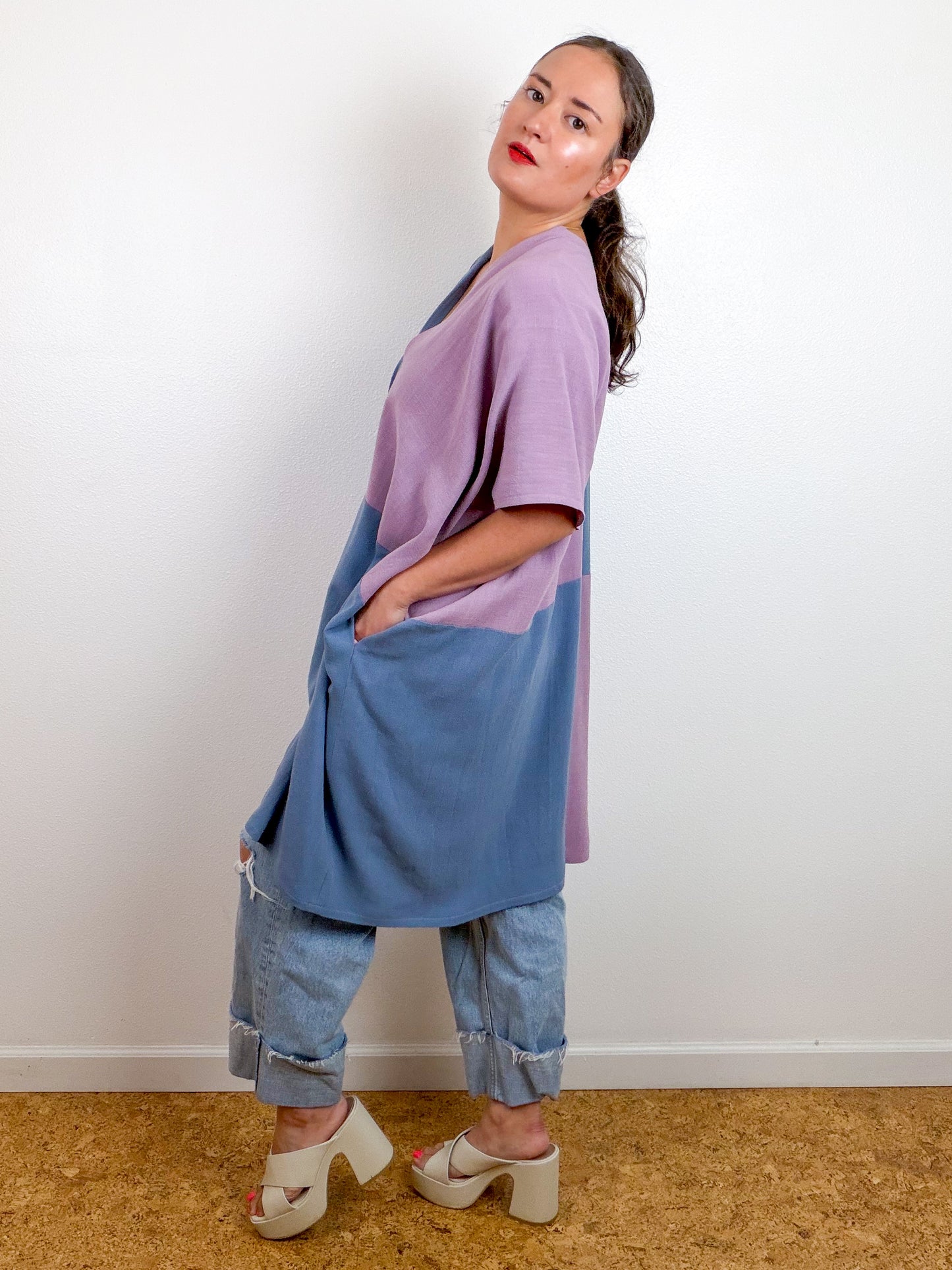 Linen Blend Caftan Dress Lavender Blue Color Block