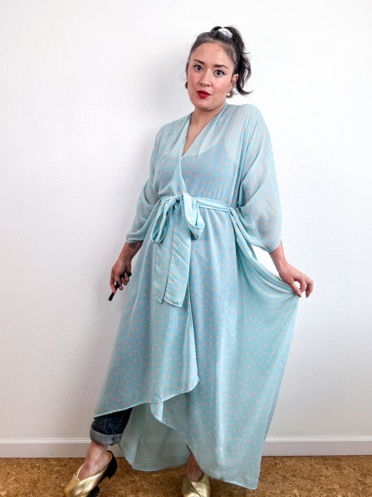 Print High Low Kimono Aqua Orange Mini Hearts Chiffon